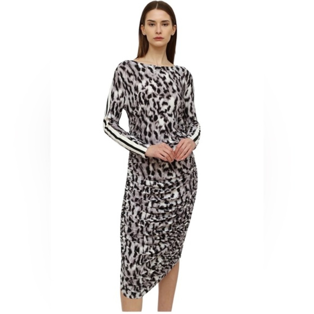 NORMA KAMALI BLACK WHITE ANIMAL PRINT RUCHED STRETCHY BODYCON DRESS S
